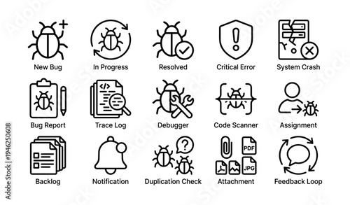 Bug tracking and software debugging icons for system management