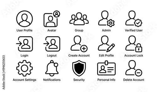 User interface icons: profile, avatar, group, admin, security, notifications, settings