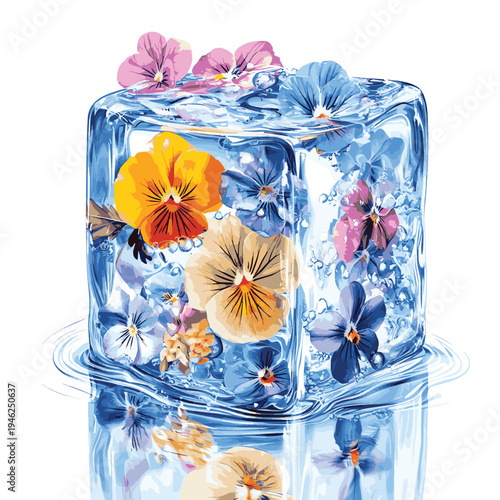Edible Flowers Frozen Inside Sparkling Ice Cube with Reflection , vector style simple color
