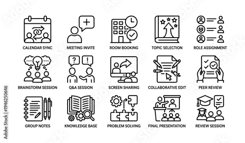 Icons depicting collaboration and productivity activities in office settings