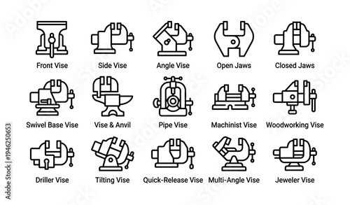 Set of iconic vise tools: side, angle, swivel base, machinist, woodworking, driller, jeweler