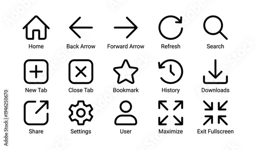 Web browser icons set: navigation, user, and settings symbols