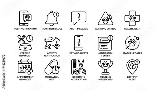 Pet care alerts icons: reminders, alerts, notifications for pet owners