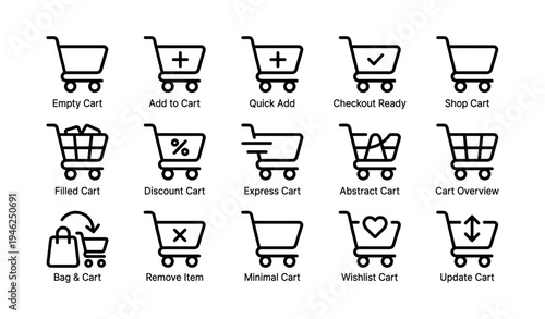 Shopping cart icons set: add, remove, checkout, wishlist, update
