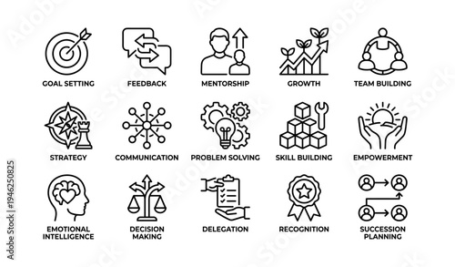 Icons of goal setting, mentorship, and team building for skill growth and empowerment