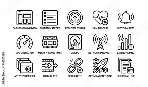 Dashboard overview and system alerts graphics with network bandwidth icons