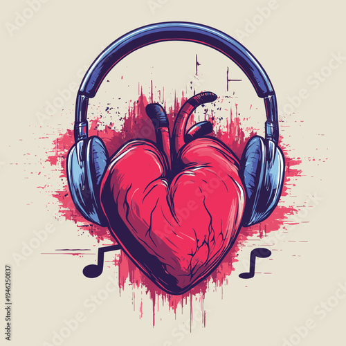 Heartbeat of Music. Anatomical heart with earphones concept. , vector style simple color