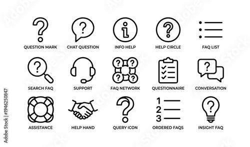 Faq icons set: question mark, support, handshake, info, checklist, speech bubble