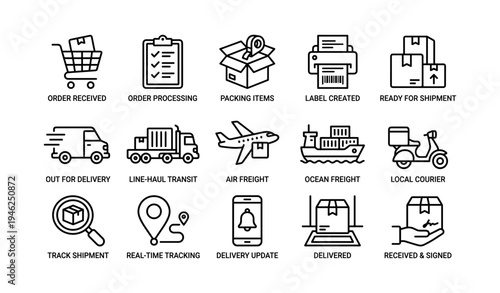 Logistics and shipping icons for tracking and delivery process overview