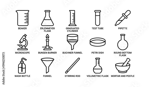 Laboratory glassware and equipment icons: beaker, flask, test tube, microscope, funnel