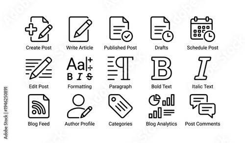 Set of blog and document editing icons with analytics and social features