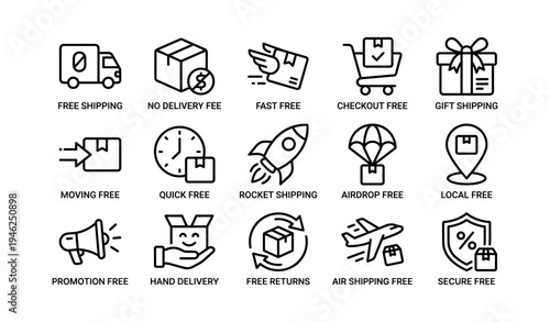 Icon set illustrating various free shipping and delivery options