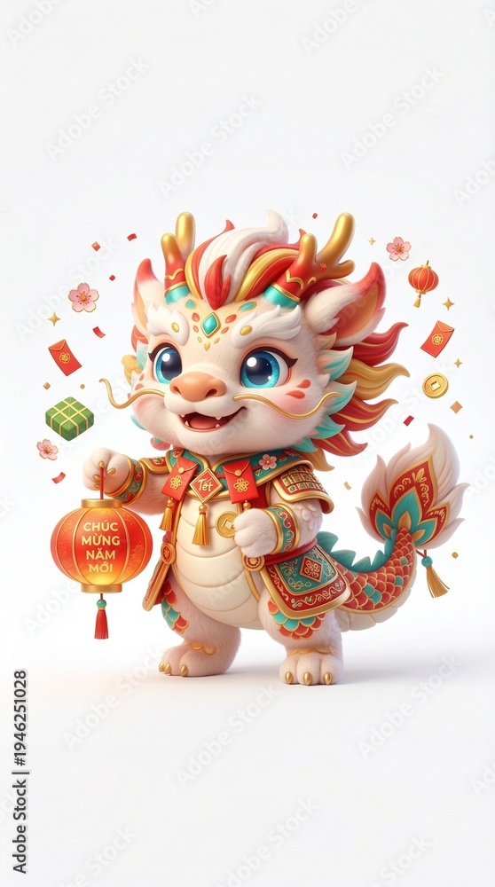 Fototapeta premium Cute Chibi Vietnamese Sacred Ky Lan Guardian 3D Illustration for Asian Lunar New Year, pure white background