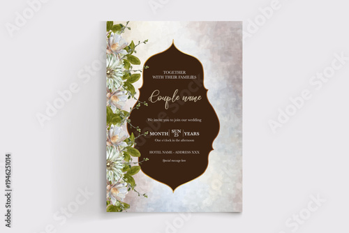 WEDDING INVITATION FRAME WITH FLOWER DECORATIONS AND FRESH LEAVES