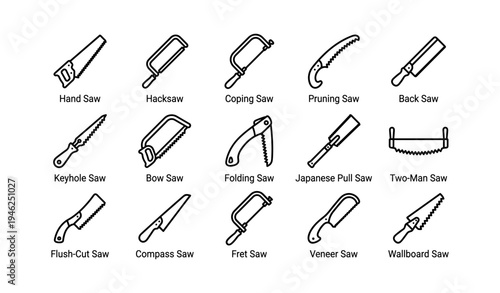 Illustration of various hand saws and their distinctive shapes