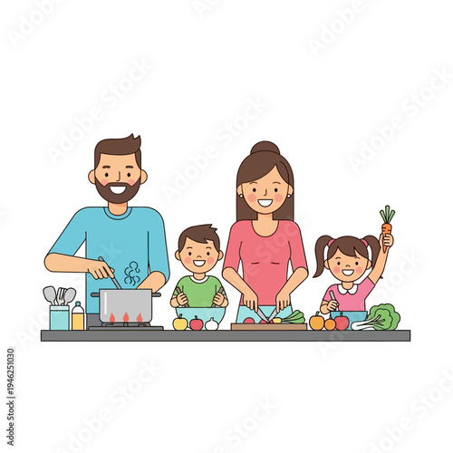 Happy Family Cooking Healthy Food Together in Kitchen