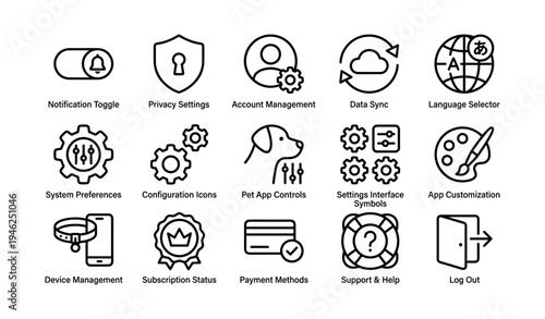 Set of black line icons for app interface: notification, privacy, language, device, subscription