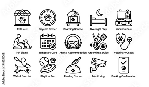 Custom pet care services icons including boarding, grooming, feeding, and playtime