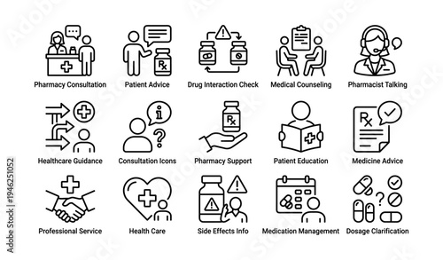 Pharmacy consultation icons: medicine advice and healthcare guidance