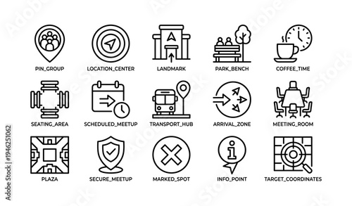 Icon set: navigation, meeting, transportation, and dining symbols
