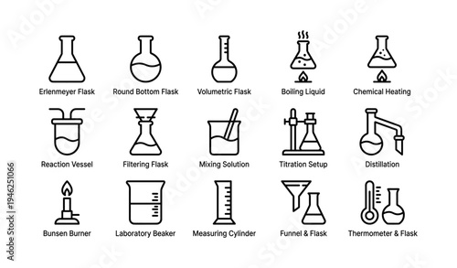 Laboratory equipment icons: flasks, burners, beakers, and more