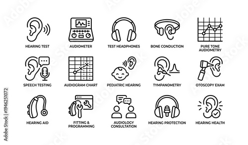Audiology equipment and procedures icons for hearing health diagnostics