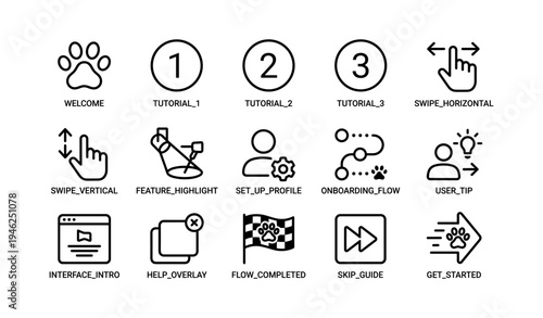 User interface icons for tutorials and navigation in mobile apps