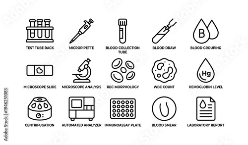 Medical laboratory equipment icons for blood testing and analysis