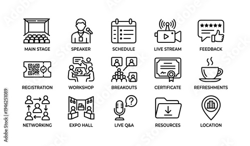 Event icons set: stages, speakers, workshops, certificates, networking