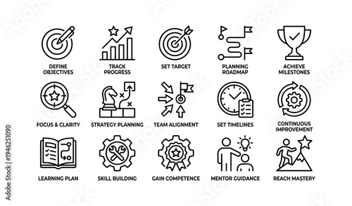 Goal setting and achievement icons: objectives, progress, strategy, planning, milestones