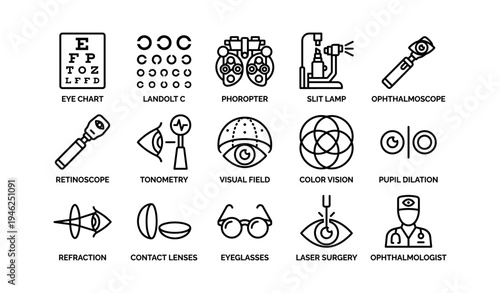 Optometry icons: eye chart, slit lamp, ophthalmoscope, tonometry, eyeglasses