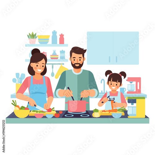 Happy Family Cooking Together in a Modern Kitchen, Healthy Food Preparation