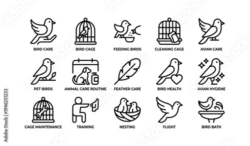 Bird care icons: cage, feeding, cleaning, avian health and hygiene