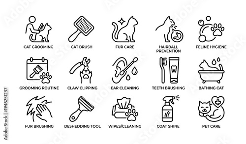 Cat grooming icons: hygiene, care tools, and maintenance routines