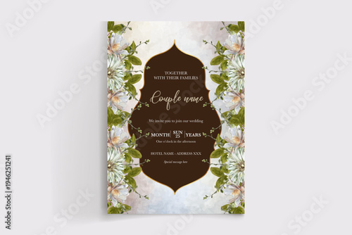 WEDDING INVITATION FRAME WITH FLOWER DECORATIONS AND FRESH LEAVES