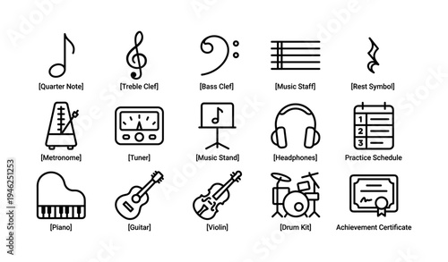 Musical elements icons: notes, clefs, instruments, and accessories