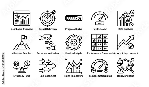 Business metrics icons collection for performance analysis and planning
