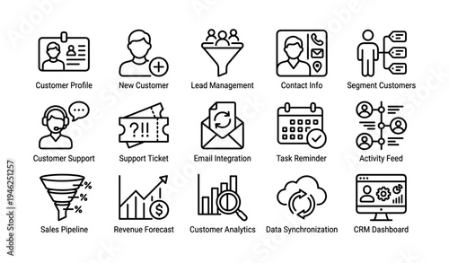 Crm icons set including customer profile and email integration