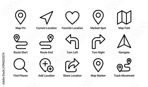 Navigation icons set: maps, directions, locations, routes, markers