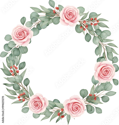 Pink rose and eucalyptus watercolor wreath botanical floral frame for invitation design