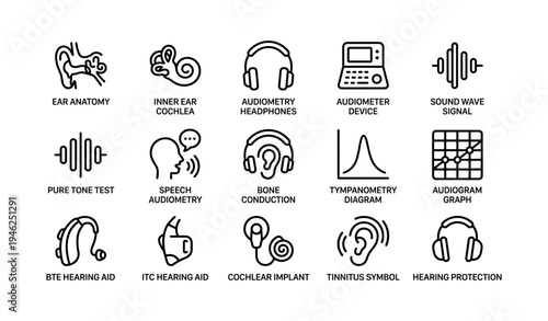 Audiology icons collection: hearing aids, audiometer, ear anatomy, audiogram graph
