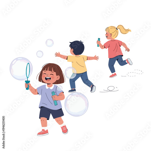 Joyful kids blowing iridescent bubbles outdoors, playing happily in summer