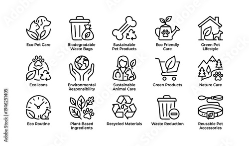 Eco-friendly pet icons collection: sustainable animal care and green lifestyle symbols