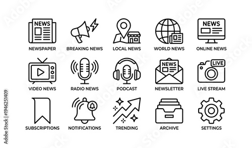 Media and communication icons set featuring news, podcast, and notifications
