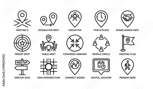 Collection of meeting and location icons with various designs and symbolic elements