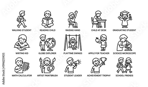 School icon set: students learning, playing, and achieving in various activities