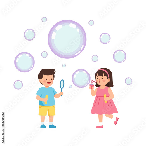 Children blowing iridescent bubbles, playful outdoor activity, summer fun