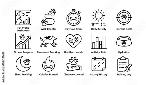 Pet fitness and activity icons: tracking, goals, and health monitoring tools