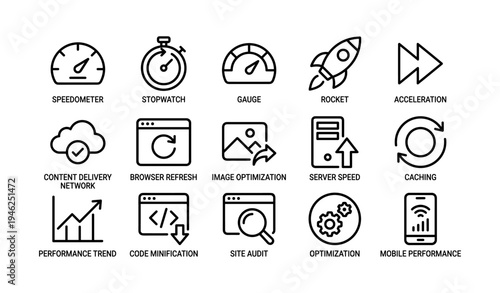 Optimizing web performance: icons for speedometer, stopwatch, rocket, server, trend analysis