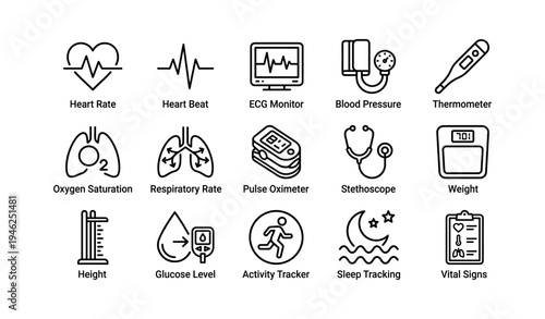 Healthcare icons set: heart rate, ecg, blood pressure, thermometer, oxygen, stethoscope